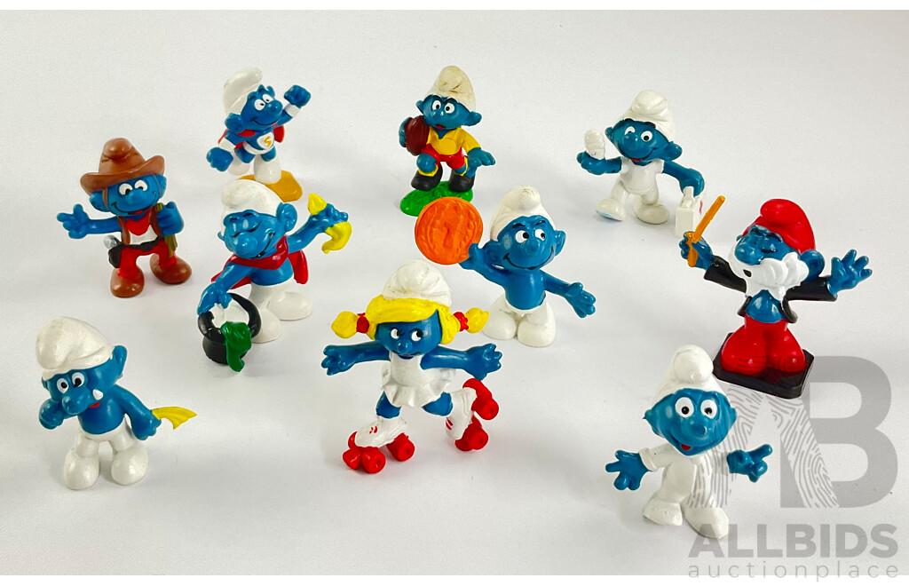 Vintage Peyo Schleich Smurfs Including Papa Smurf Conductor, Smurffette on Rollerskates, Baby Smurf and More