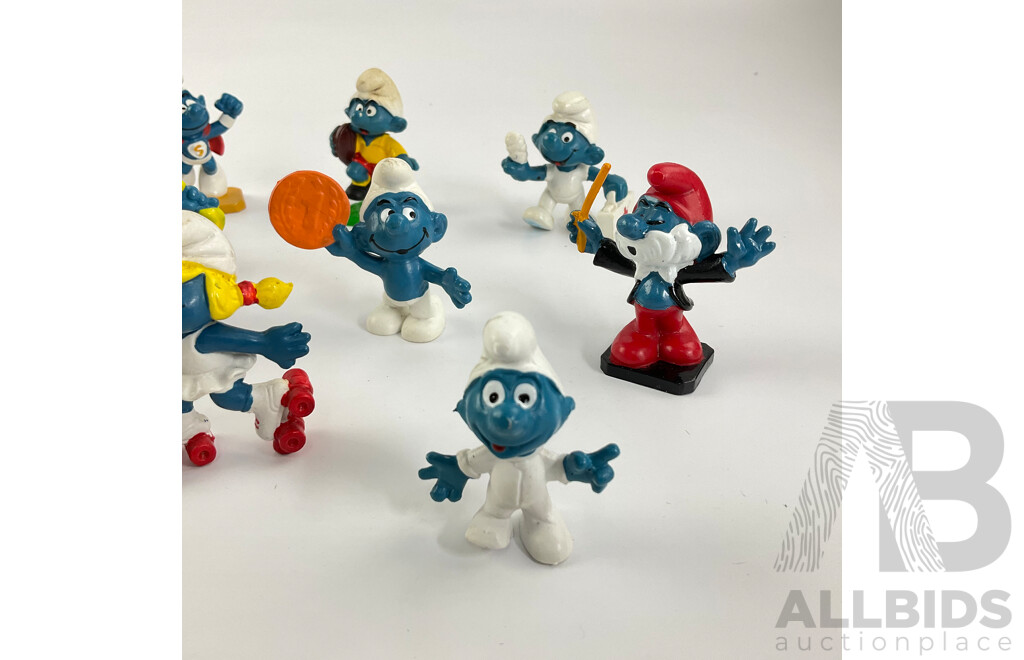 Vintage Peyo Schleich Smurfs Including Papa Smurf Conductor, Smurffette on Rollerskates, Baby Smurf and More