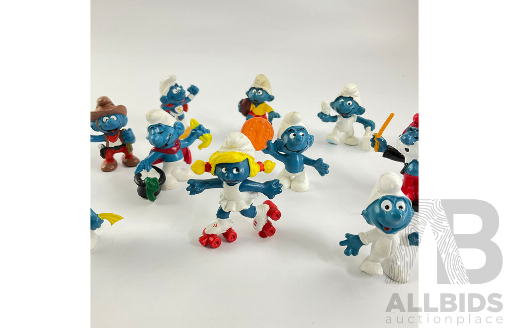 Vintage Peyo Schleich Smurfs Including Papa Smurf Conductor, Smurffette on Rollerskates, Baby Smurf and More