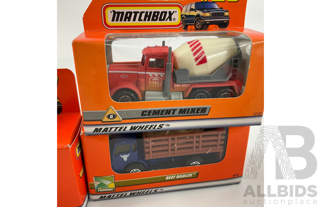 Six Boxed Matchbox Trucks Including Cement Mixer Beef Hauler Alpine Ambulance and Utility Truck