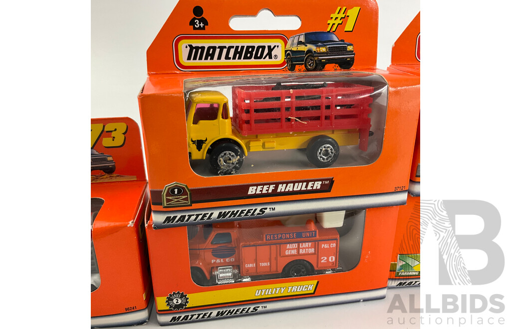 Six Boxed Matchbox Trucks Including Cement Mixer Beef Hauler Alpine Ambulance and Utility Truck