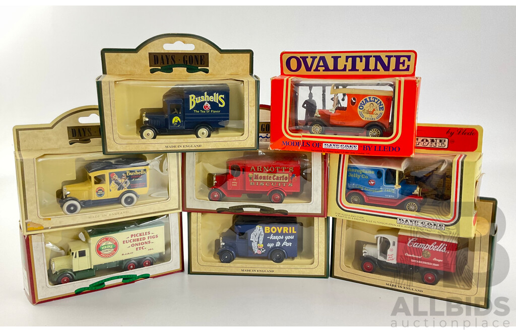 Collection of Vintage Days Gone Company Vehicles Including 1934 Chev Van, 1937 Scammel Six Wheeler, 1926 Dennis Delivery Van and More