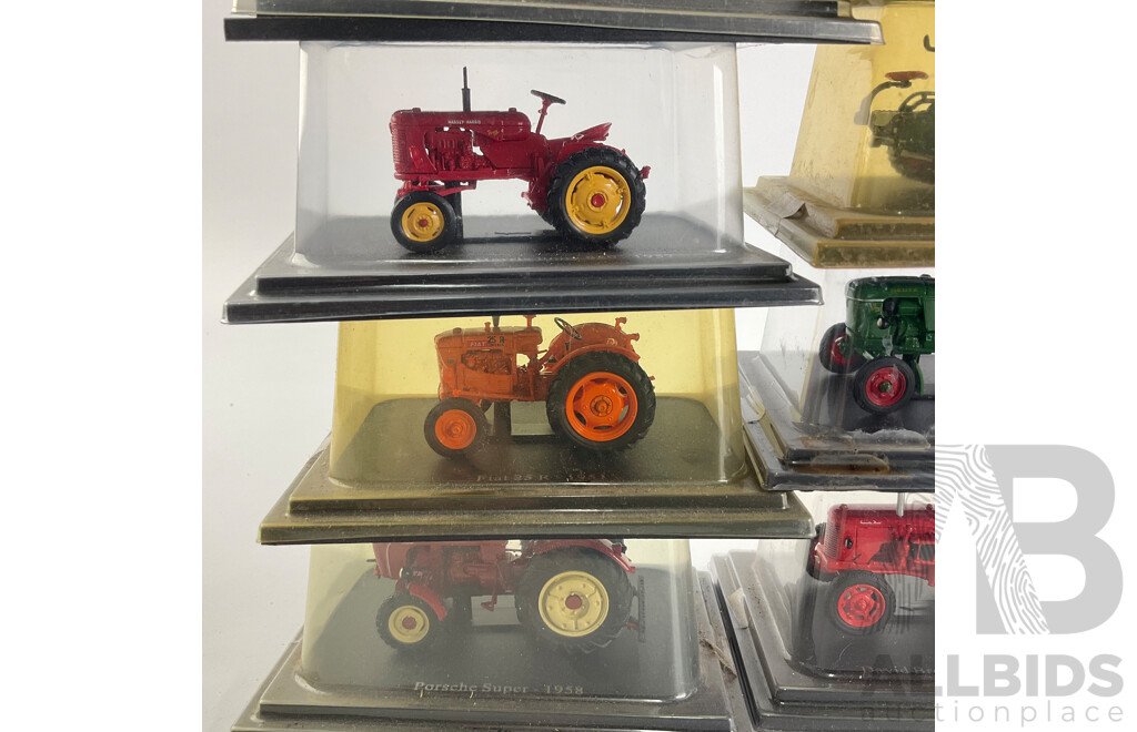 Collection of Cased Diecast Tractors Including Fordson, Massey-Harris, Fiat and More