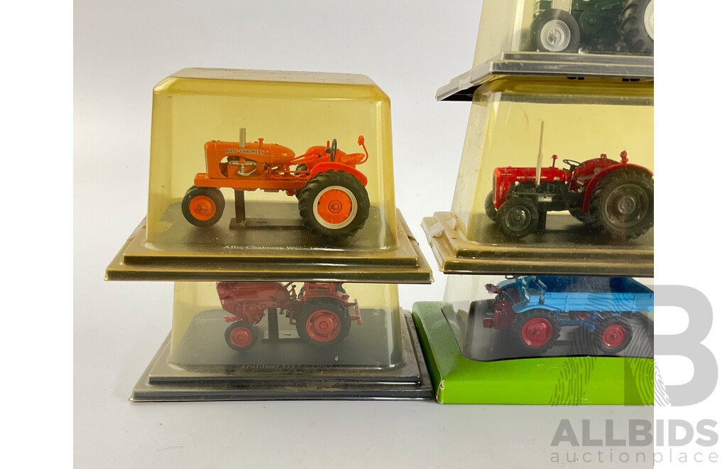 Collection of Cased Diecast Tractors Including Massey Ferguson, Allis-Chalmers, Case International and More