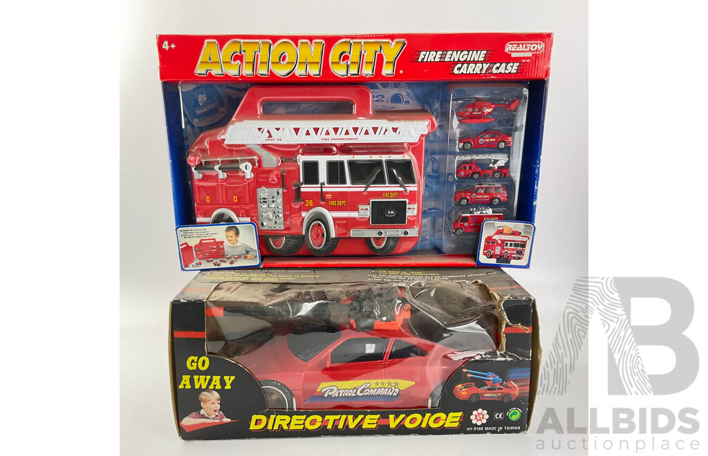 Action City Fire Engine Carry Case and Vehicles with Directive Voice Patrol Command Car in Original Boxes