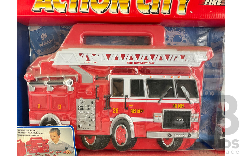 Action City Fire Engine Carry Case and Vehicles with Directive Voice Patrol Command Car in Original Boxes