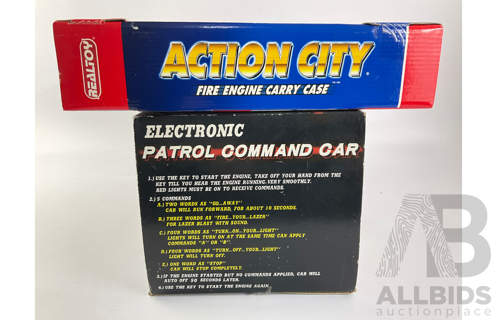 Action City Fire Engine Carry Case and Vehicles with Directive Voice Patrol Command Car in Original Boxes