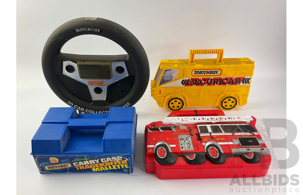 Vintage Matchbox Carry Cases Including Twenty Car Collector's Steering Wheel Case, Early 1980's Carry Case, Seuricar and Fire Truck Case