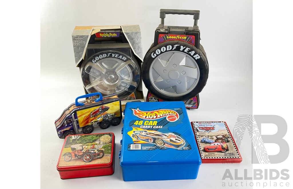 Diecast Car Carry Cases Including Hot Wheels 48 Car and Tin, Two Good Year Take Along Cases and Tins