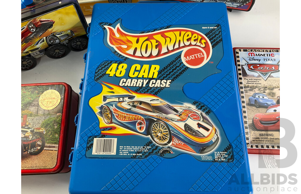 Diecast Car Carry Cases Including Hot Wheels 48 Car and Tin, Two Good Year Take Along Cases and Tins