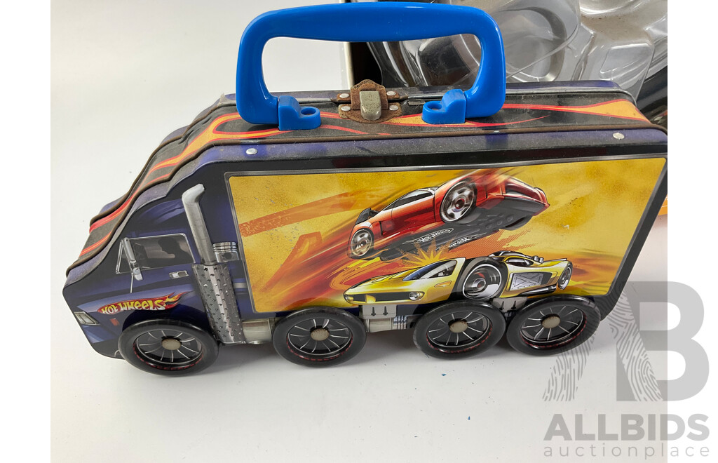 Diecast Car Carry Cases Including Hot Wheels 48 Car and Tin, Two Good Year Take Along Cases and Tins