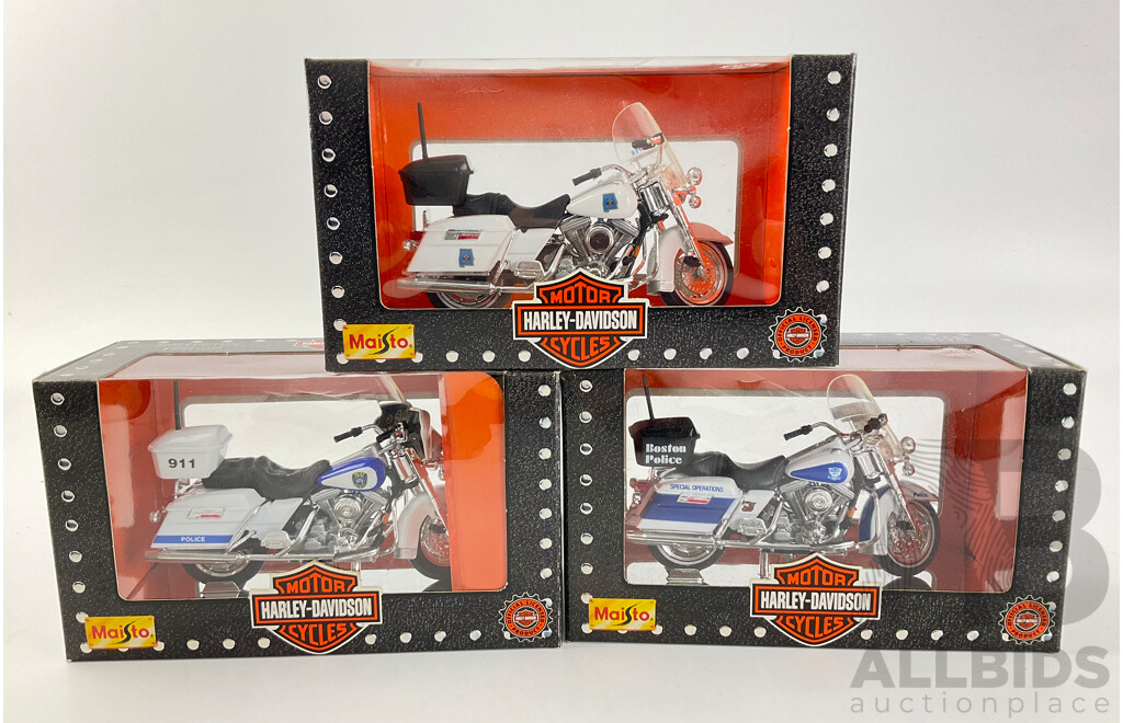 Maisto Diecast Harley Davidson Police Motorcycles Including Alabama State Trooper, Boston P.D and Milwaukee P.D - 1:18 Scale