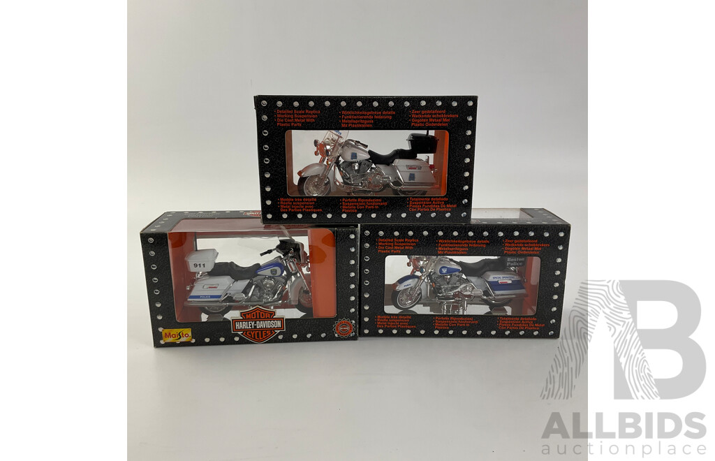 Maisto Diecast Harley Davidson Police Motorcycles Including Alabama State Trooper, Boston P.D and Milwaukee P.D - 1:18 Scale