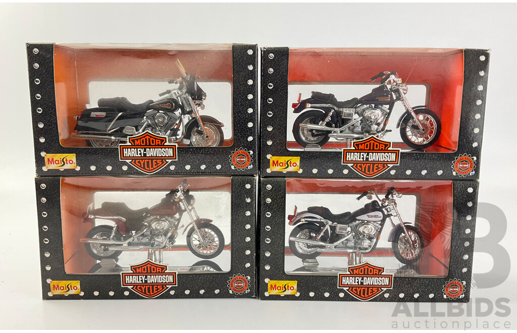 Maisto Diecast Harley Davidson Motorcycles Including 1999, 2001 Low Riders, 2000 FXD Dyna Super Glide and FLHT Electra Glide Standard - 1:18 Scale