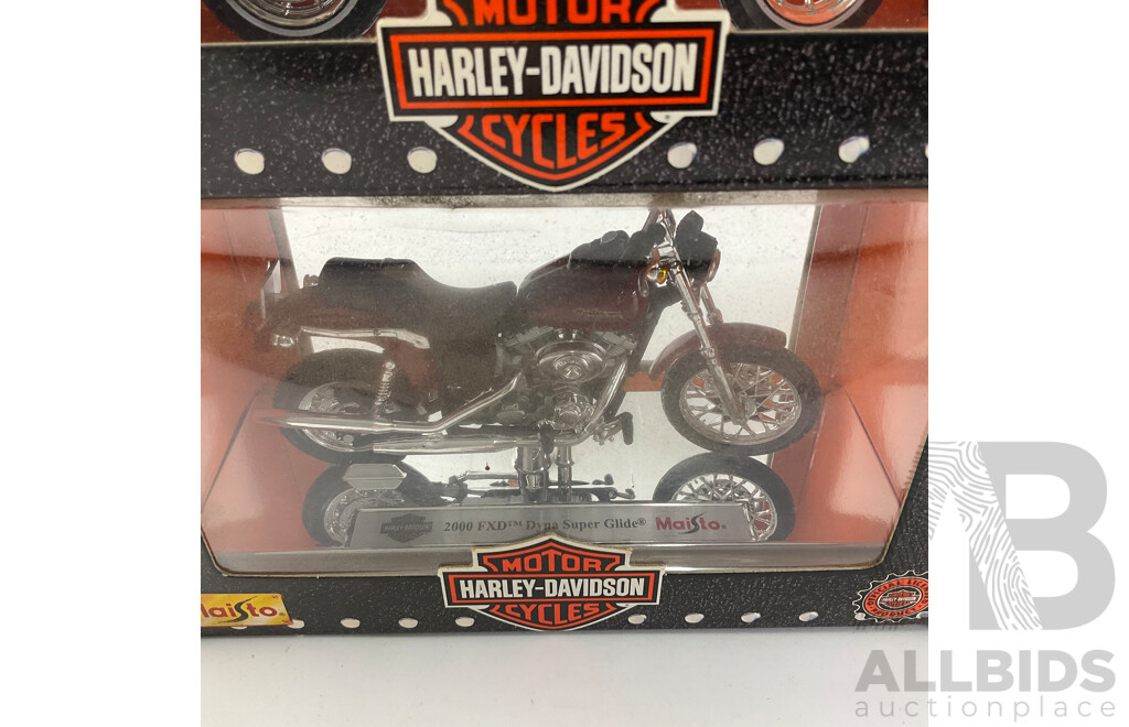 Maisto Diecast Harley Davidson Motorcycles Including 1999, 2001 Low Riders, 2000 FXD Dyna Super Glide and FLHT Electra Glide Standard - 1:18 Scale