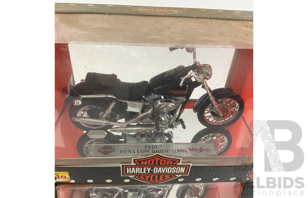 Maisto Diecast Harley Davidson Motorcycles Including 1999, 2001 Low Riders, 2000 FXD Dyna Super Glide and FLHT Electra Glide Standard - 1:18 Scale