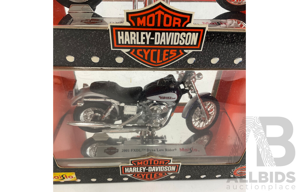 Maisto Diecast Harley Davidson Motorcycles Including 1999, 2001 Low Riders, 2000 FXD Dyna Super Glide and FLHT Electra Glide Standard - 1:18 Scale