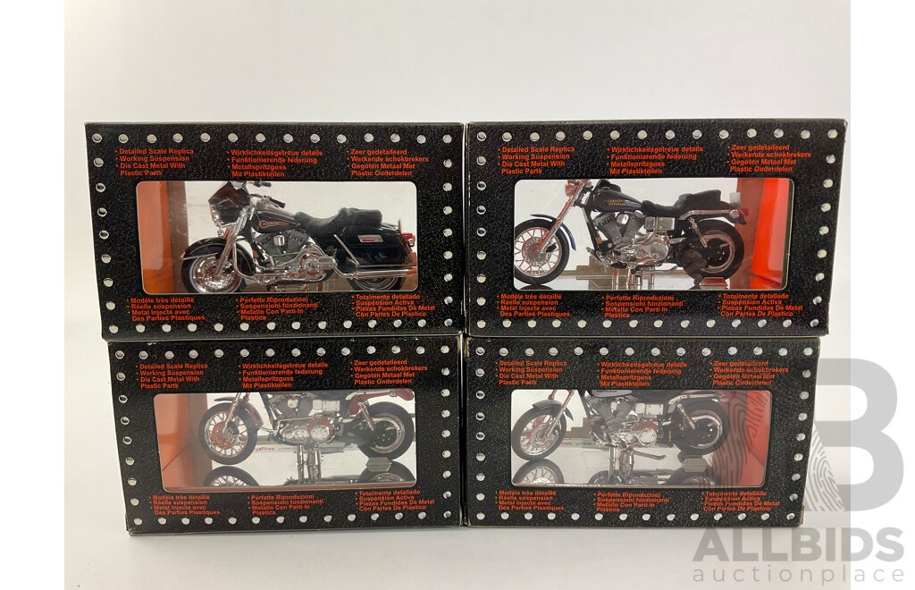 Maisto Diecast Harley Davidson Motorcycles Including 1999, 2001 Low Riders, 2000 FXD Dyna Super Glide and FLHT Electra Glide Standard - 1:18 Scale