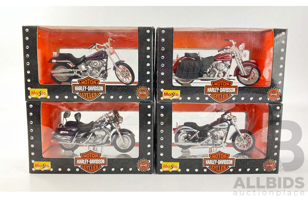 Maisto Diecast Harley Davidson Motorcycles Including 2002 FXDL Dyna Low Rider 2002 FLHRSEI, FXSTD Soft Tail Deuce, 1999 FLSTS Herritage Springer- 1:18 Scale