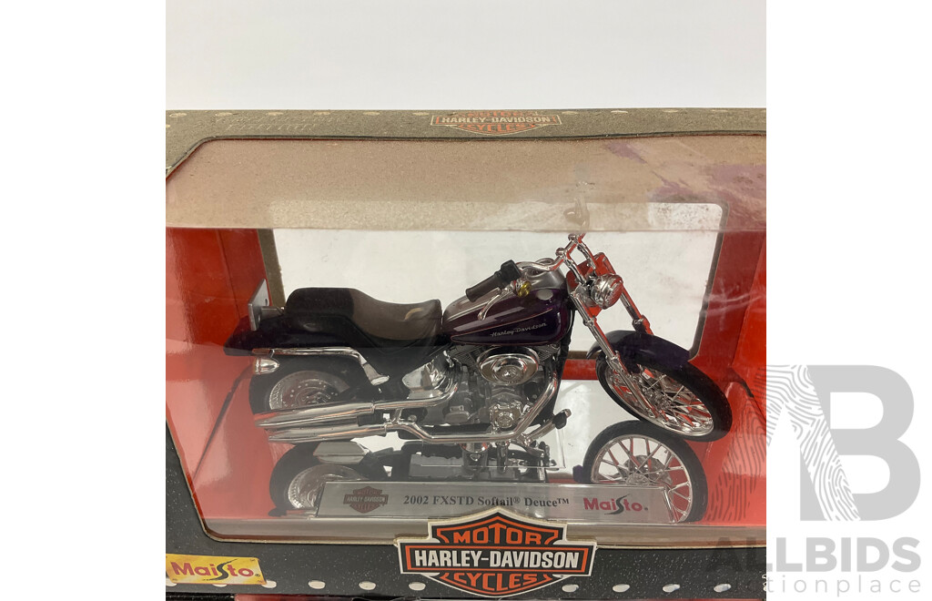 Maisto Diecast Harley Davidson Motorcycles Including 2002 FXDL Dyna Low Rider 2002 FLHRSEI, FXSTD Soft Tail Deuce, 1999 FLSTS Herritage Springer- 1:18 Scale