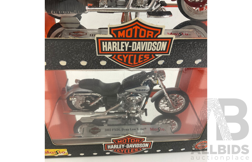 Maisto Diecast Harley Davidson Motorcycles Including 2002 FXDL Dyna Low Rider 2002 FLHRSEI, FXSTD Soft Tail Deuce, 1999 FLSTS Herritage Springer- 1:18 Scale