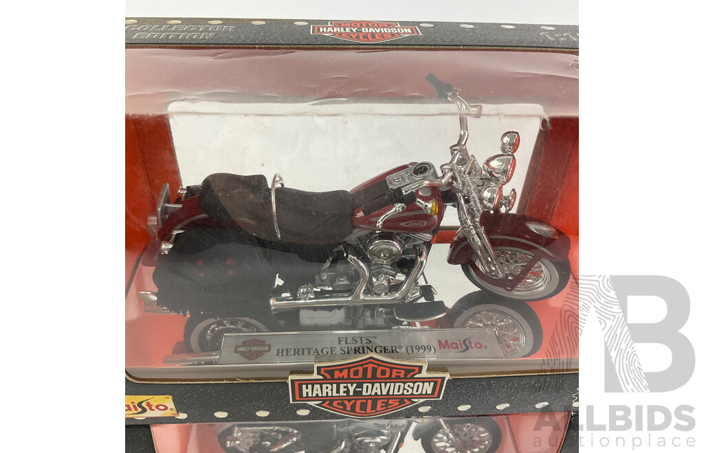 Maisto Diecast Harley Davidson Motorcycles Including 2002 FXDL Dyna Low Rider 2002 FLHRSEI, FXSTD Soft Tail Deuce, 1999 FLSTS Herritage Springer- 1:18 Scale