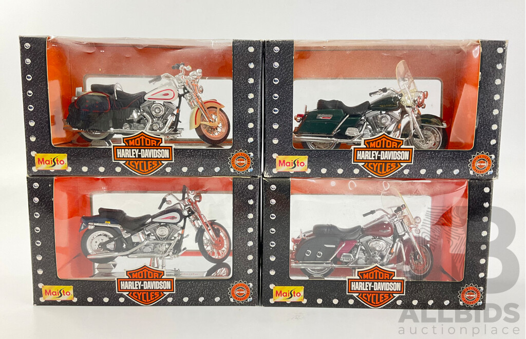 Maisto Diecast Harley Davidson Motorcycles Including 1999 FXSTS Sprnger Softail, FLSTS Heritage Springer, 2000 FLHRC Road King Classic, FLHR Road King - 1:18 Scale