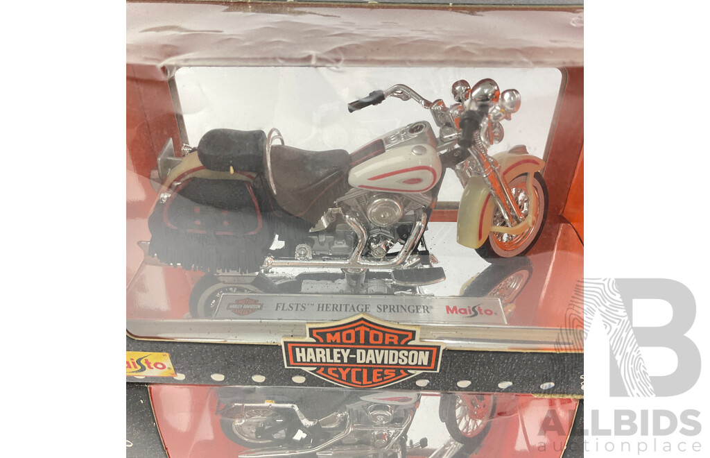 Maisto Diecast Harley Davidson Motorcycles Including 1999 FXSTS Sprnger Softail, FLSTS Heritage Springer, 2000 FLHRC Road King Classic, FLHR Road King - 1:18 Scale