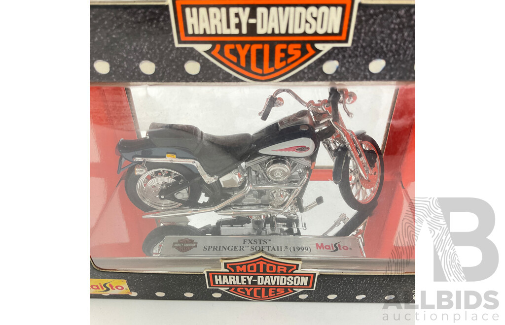 Maisto Diecast Harley Davidson Motorcycles Including 1999 FXSTS Sprnger Softail, FLSTS Heritage Springer, 2000 FLHRC Road King Classic, FLHR Road King - 1:18 Scale