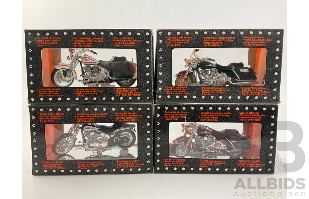 Maisto Diecast Harley Davidson Motorcycles Including 1999 FXSTS Sprnger Softail, FLSTS Heritage Springer, 2000 FLHRC Road King Classic, FLHR Road King - 1:18 Scale