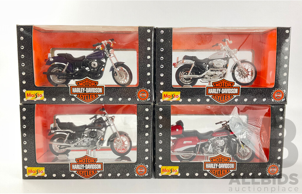 Maisto Diecast Harley Davidson Motorcycles Including FLTRSEI Screaming Eagle Road Glide, 1999 1200 Custom Sportster, 91 FXDB Sturgis, 2000FXDX Dyna Super Glide Sport - 1:18 Scale