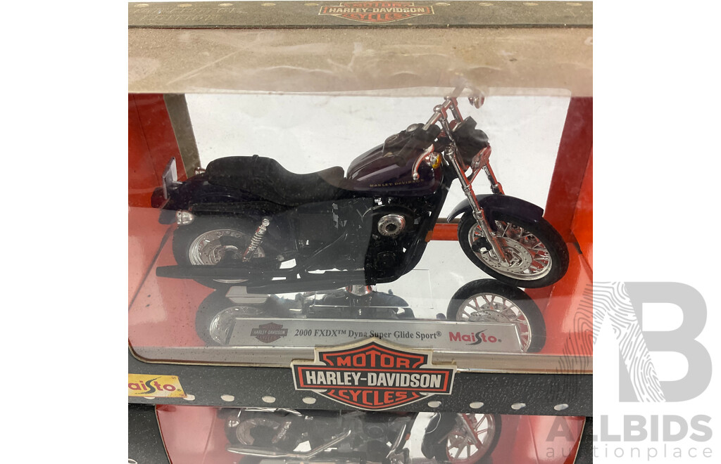 Maisto Diecast Harley Davidson Motorcycles Including FLTRSEI Screaming Eagle Road Glide, 1999 1200 Custom Sportster, 91 FXDB Sturgis, 2000FXDX Dyna Super Glide Sport - 1:18 Scale