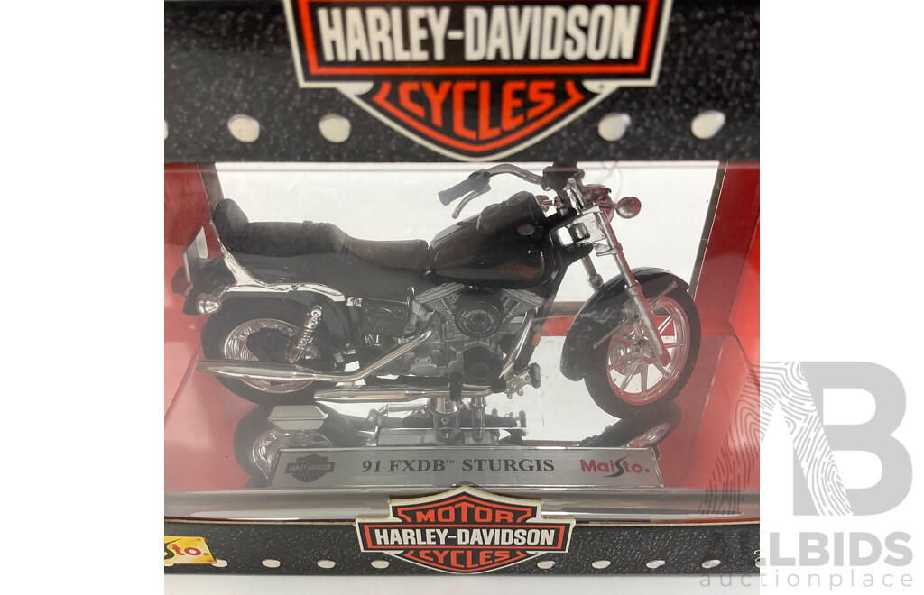 Maisto Diecast Harley Davidson Motorcycles Including FLTRSEI Screaming Eagle Road Glide, 1999 1200 Custom Sportster, 91 FXDB Sturgis, 2000FXDX Dyna Super Glide Sport - 1:18 Scale