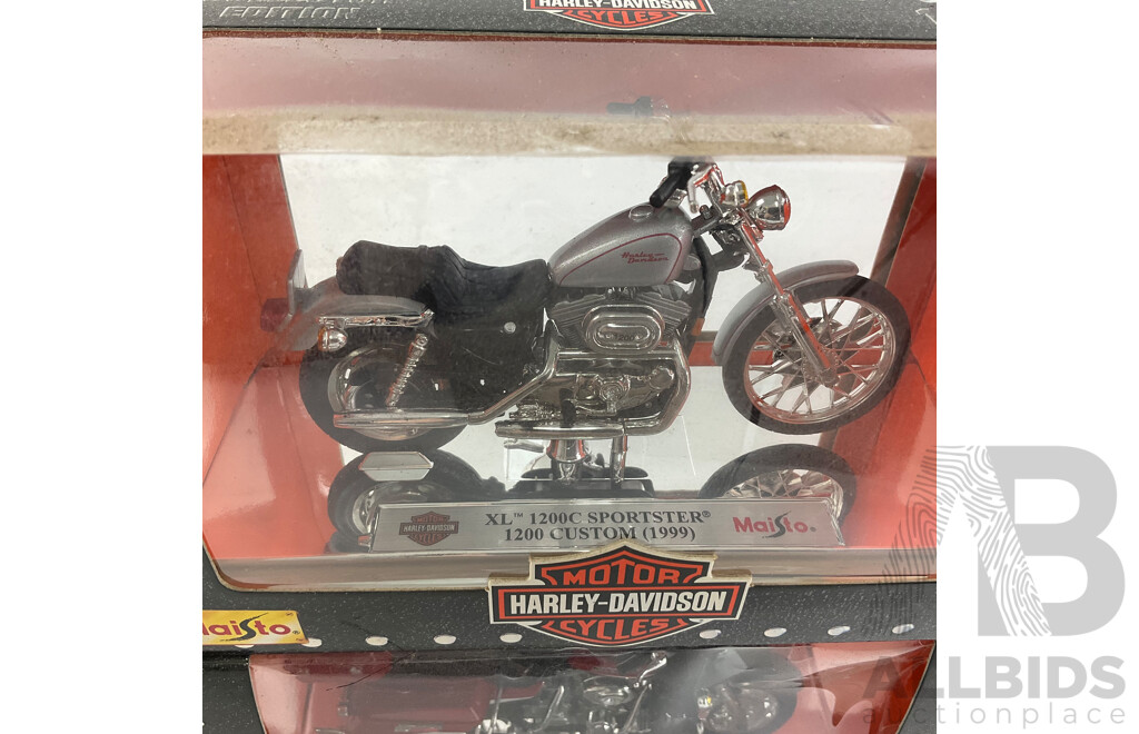 Maisto Diecast Harley Davidson Motorcycles Including FLTRSEI Screaming Eagle Road Glide, 1999 1200 Custom Sportster, 91 FXDB Sturgis, 2000FXDX Dyna Super Glide Sport - 1:18 Scale