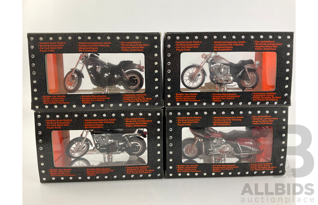 Maisto Diecast Harley Davidson Motorcycles Including FLTRSEI Screaming Eagle Road Glide, 1999 1200 Custom Sportster, 91 FXDB Sturgis, 2000FXDX Dyna Super Glide Sport - 1:18 Scale