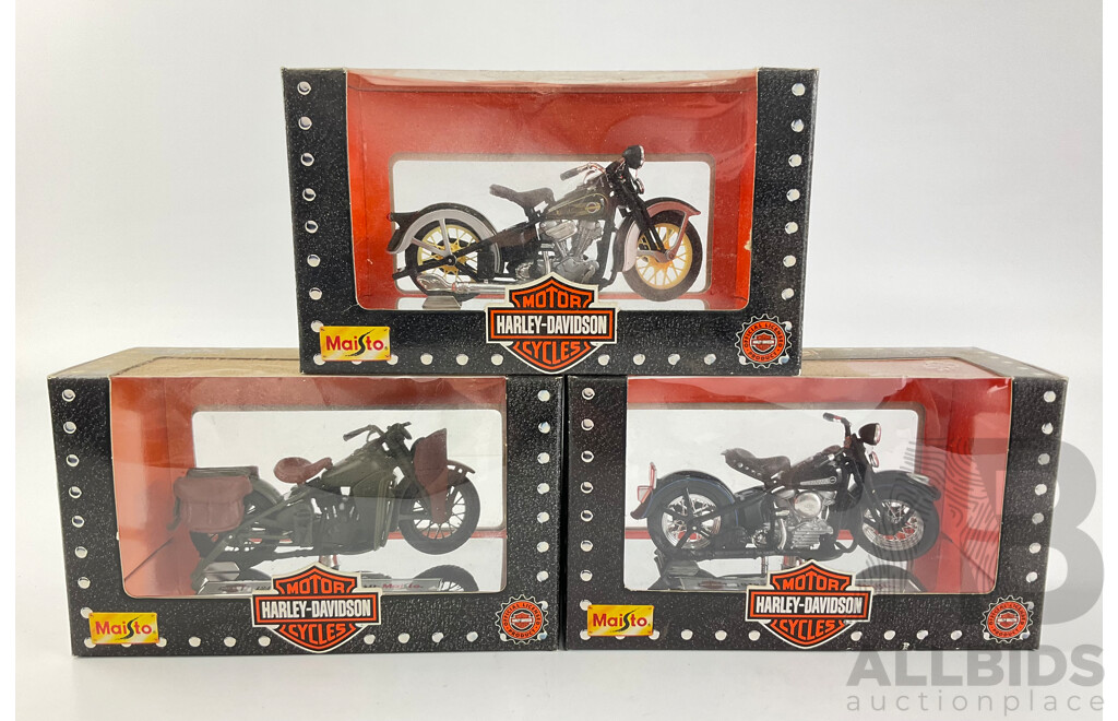 Maisto Diecast Harley Davidson Motorcycles Including 1936 EL Knucklehead, 1948 FL Panhead, 1942 WLA Flathead - 1:18 Scale