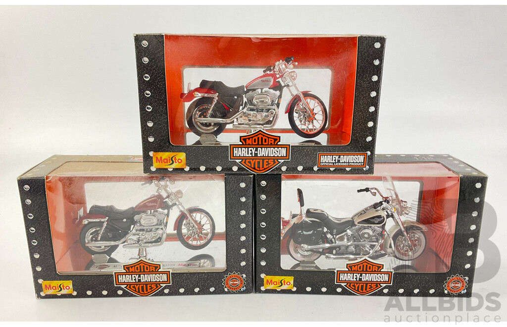 Maisto Diecast Harley Davidson Motorcycles Including 1993 FLSTN Heritage Softail Nostalgia, 2002 XL 1200C XL 1200C Sportster Custom - 1:18 Scale