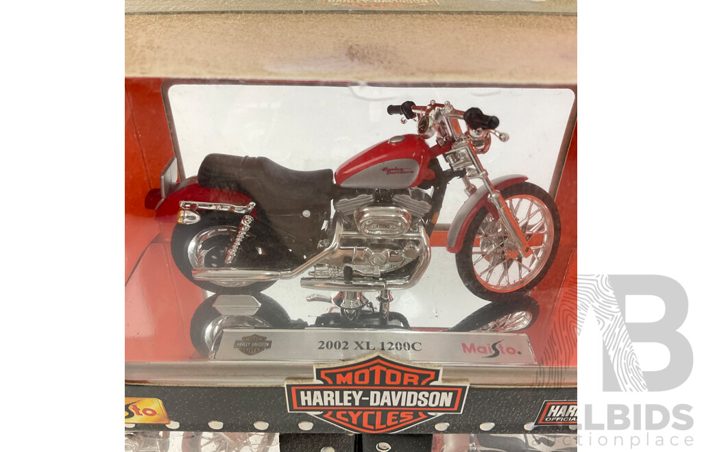 Maisto Diecast Harley Davidson Motorcycles Including 1993 FLSTN Heritage Softail Nostalgia, 2002 XL 1200C XL 1200C Sportster Custom - 1:18 Scale