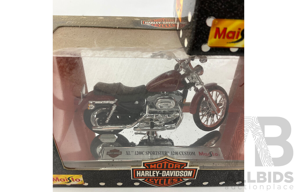 Maisto Diecast Harley Davidson Motorcycles Including 1993 FLSTN Heritage Softail Nostalgia, 2002 XL 1200C XL 1200C Sportster Custom - 1:18 Scale