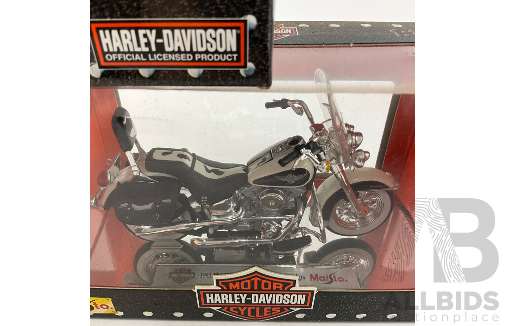 Maisto Diecast Harley Davidson Motorcycles Including 1993 FLSTN Heritage Softail Nostalgia, 2002 XL 1200C XL 1200C Sportster Custom - 1:18 Scale