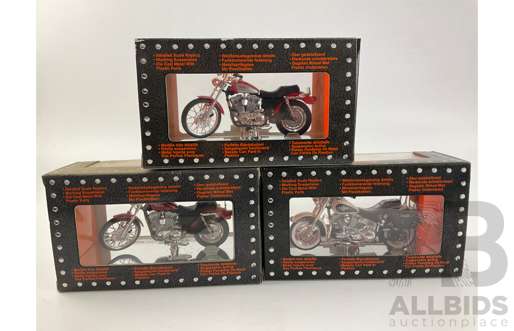 Maisto Diecast Harley Davidson Motorcycles Including 1993 FLSTN Heritage Softail Nostalgia, 2002 XL 1200C XL 1200C Sportster Custom - 1:18 Scale