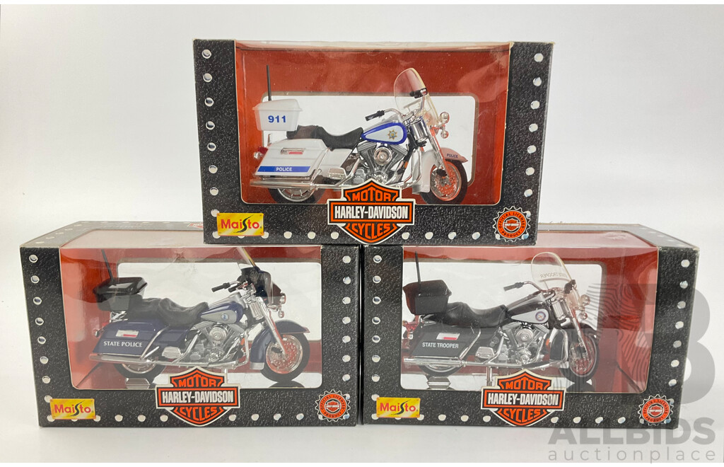 Maisto Diecast Harley Davidson Police Motorcycles Including Florida Highway Patrol, California Highway Patrol, Virginia State Police - 1:18 Scale