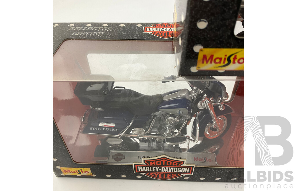 Maisto Diecast Harley Davidson Police Motorcycles Including Florida Highway Patrol, California Highway Patrol, Virginia State Police - 1:18 Scale