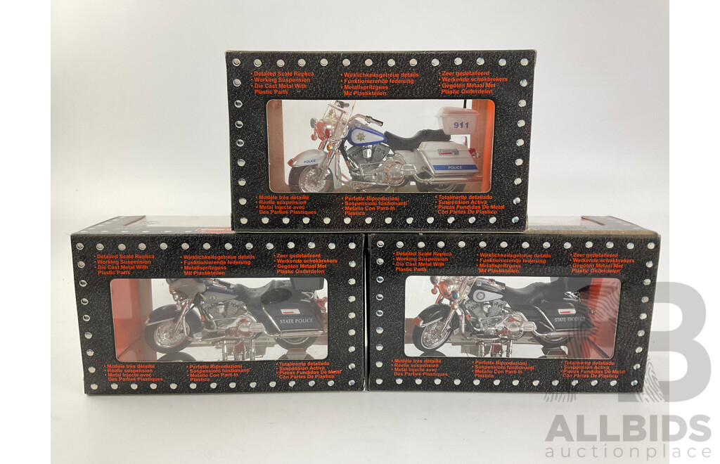 Maisto Diecast Harley Davidson Police Motorcycles Including Florida Highway Patrol, California Highway Patrol, Virginia State Police - 1:18 Scale