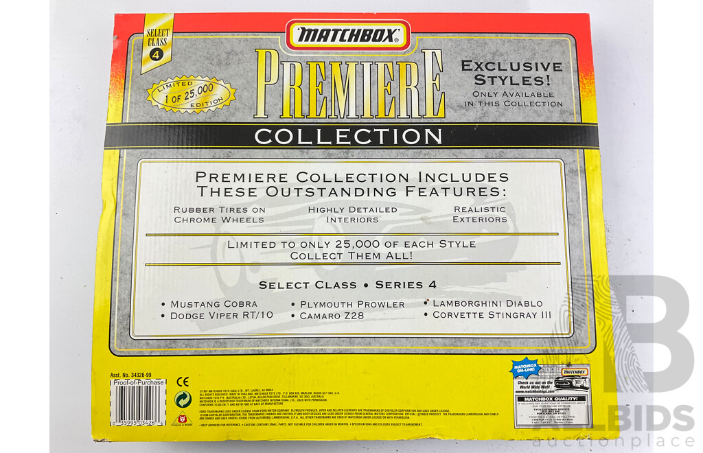 1997 Matchbox Premiere Collection Including Mustang Cobra, Camaro Z28 Dodge Viper and More