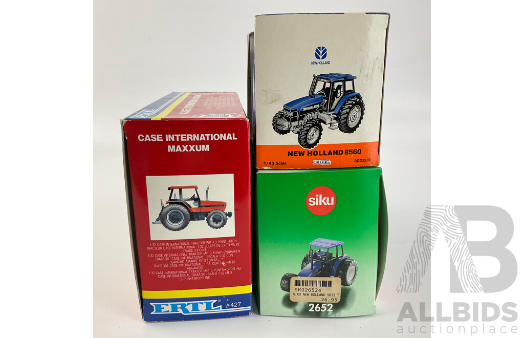 Vintage Diecast Tractors Including Ertl Case International and New Holland 8560 with Siku New Holland 5635