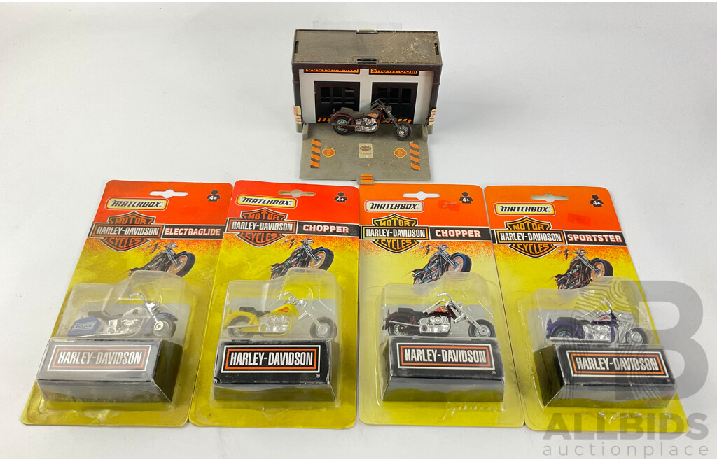 Five Diecast Matchbox Harley Davidson Motorcycles with Customising Showroom