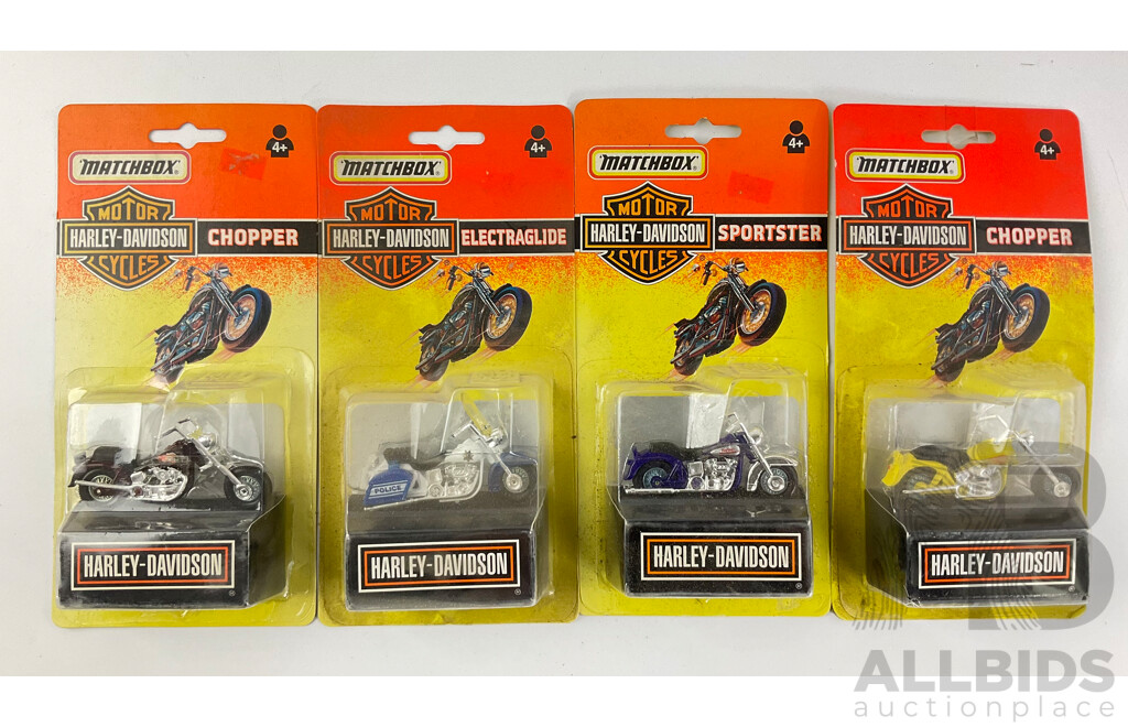 Five Diecast Matchbox Harley Davidson Motorcycles with Customising Showroom