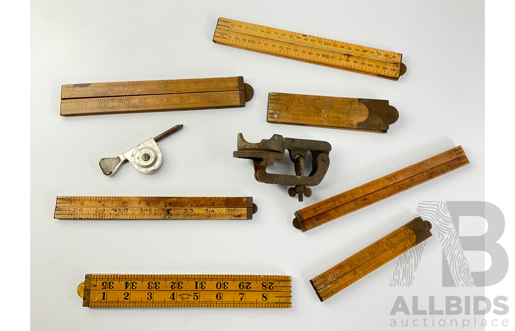 Seven Vintage Folding Timber Rulers Including Five Rabone, Marvule Junior Clamp, United Carr Leather Punch and L.S Starrett Revolution Counter