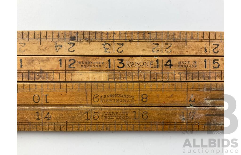 Seven Vintage Folding Timber Rulers Including Five Rabone, Marvule Junior Clamp, United Carr Leather Punch and L.S Starrett Revolution Counter